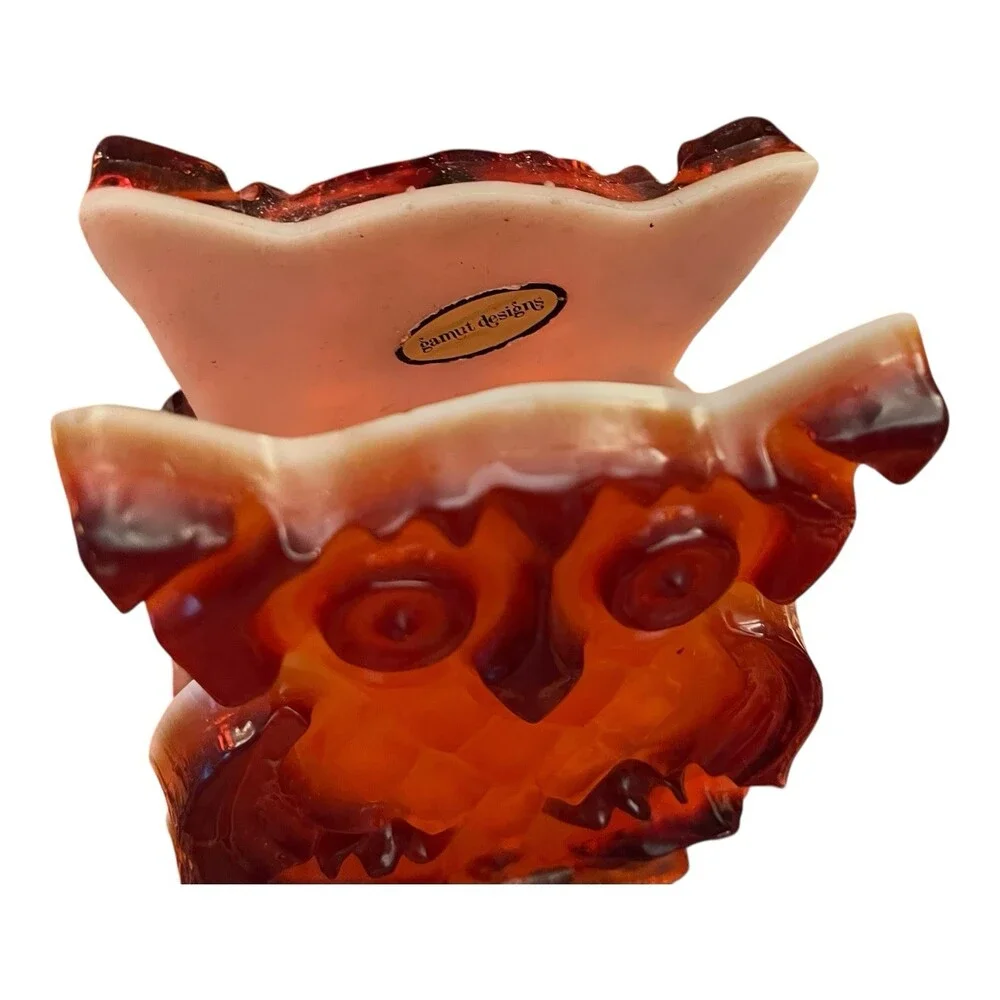 VTG Resin Lucite Hoot Owl Napkin Holder Amber Slag Acrylic MCM 5